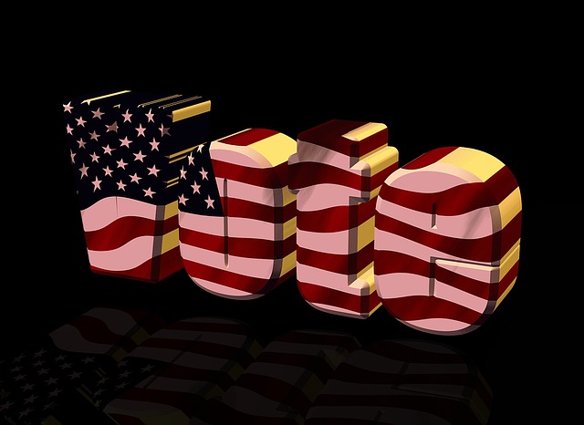 The word "vote" with flag imagery on letters